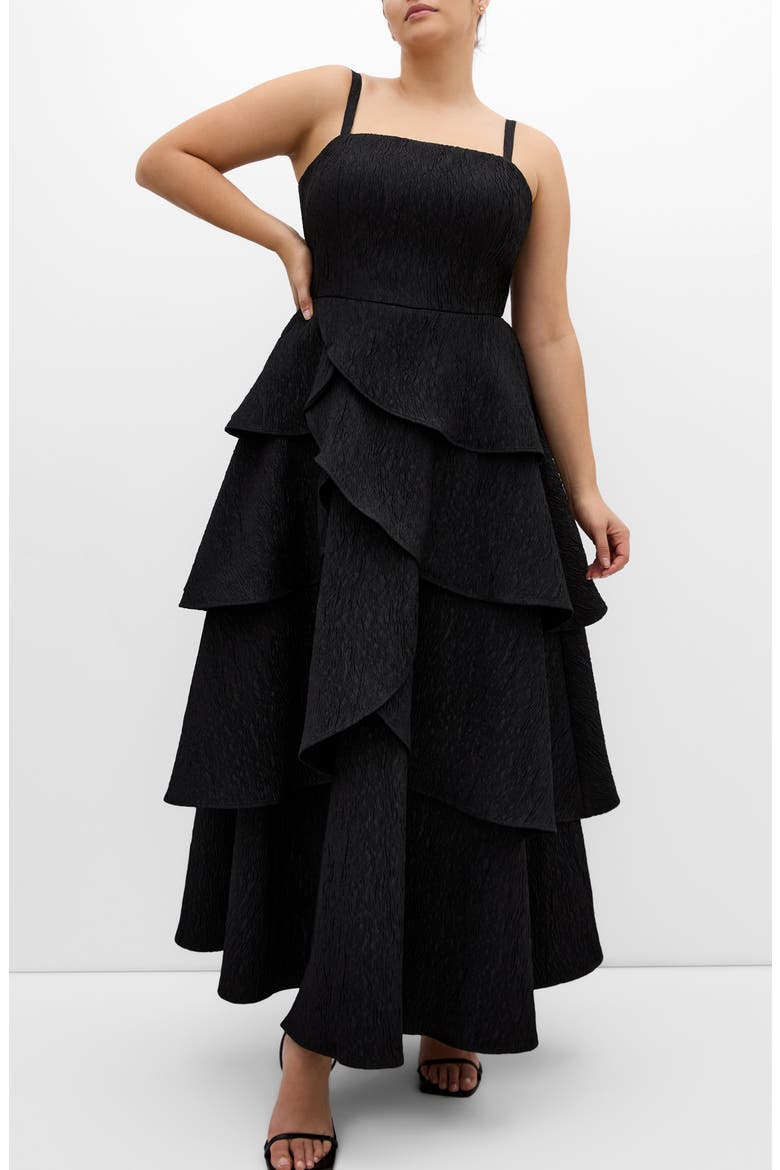 Elizabether Ruffle Sleeveless Maxi Dress, Main, color, BLACK