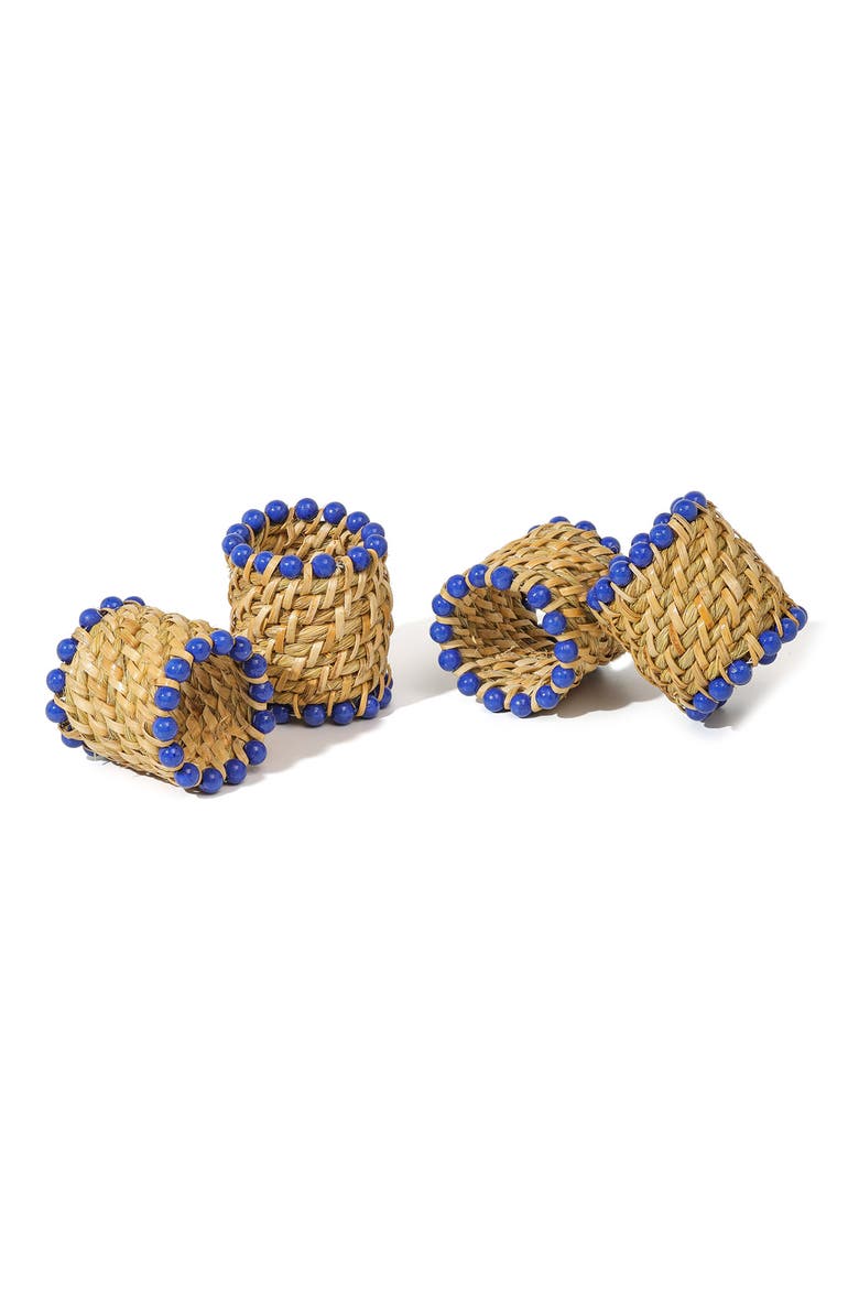 Azure Rattan Set of 4 Napkin Rings, Main, color, BLUE/ NATURAL