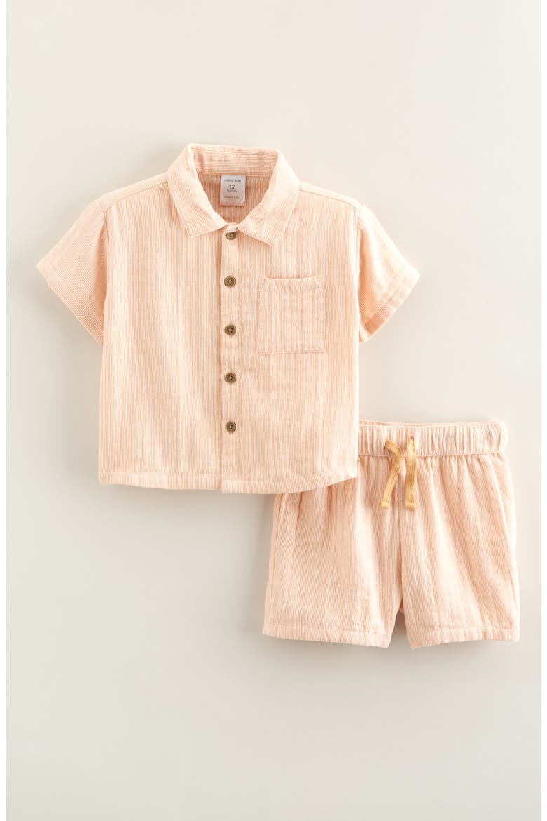 Stripe Short Sleeve Cotton Button-Up Shirt & Shorts Set, Main, color, TAN BISCUIT FINE STRIPE