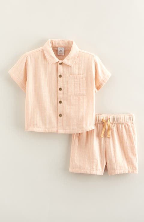 Stripe Short Sleeve Cotton Button-Up Shirt & Shorts Set (Baby)