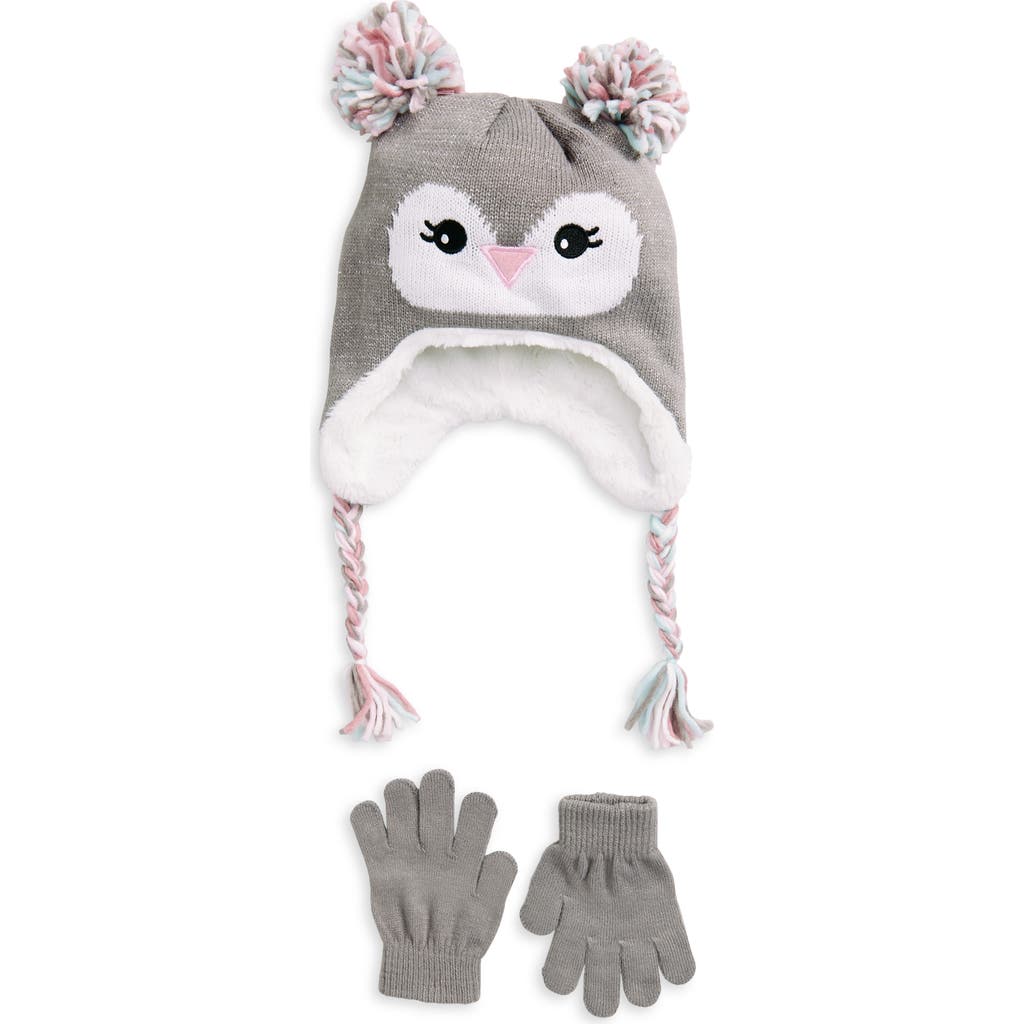 CAPELLI NEW YORK CAPELLI NEW YORK KIDS' PENGUIN DOUBLE POMPOM EARFLAP CAP & MAGIC GLOVES SET