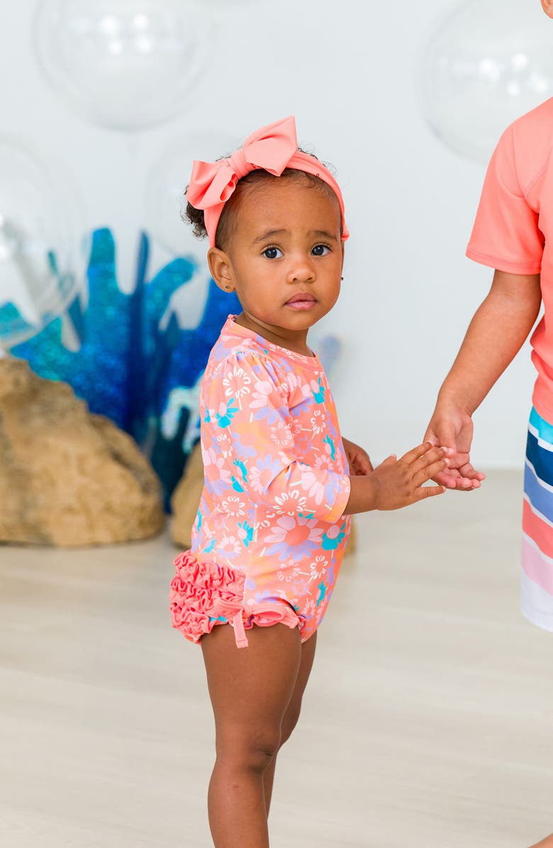 RuffleButts Coral Floral One-Piece Rashguard Swimsuit, Alternate, color, Orange