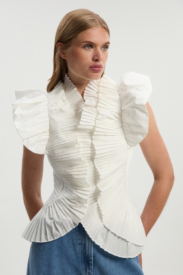 Pleated Ruffle Sleeve Woven Top, Main, color, Ivory