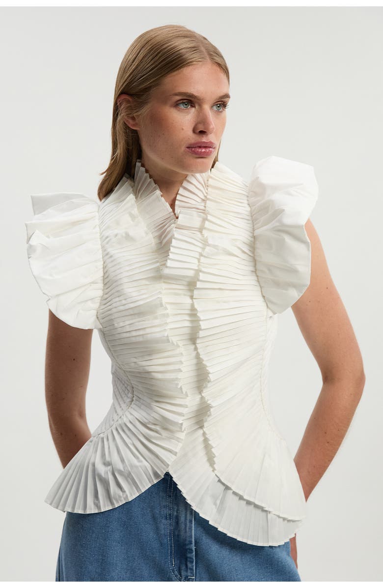 Karen Millen Pleated Ruffle Sleeve Woven Top, Main, color, Ivory