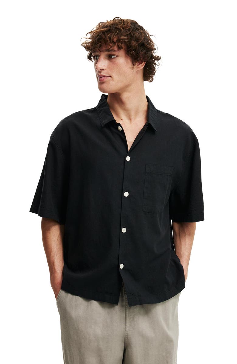 Cotton On Men's Eli Linen Blend Short Sleeve Shirt, Main, color, Textured Black