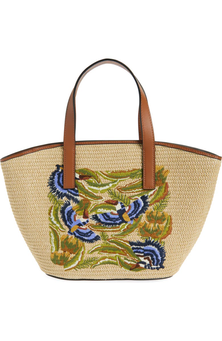 FARM Rio Small Embroidered Raffia Basket Tote, Main, color, Sunny Paradise Embroidery