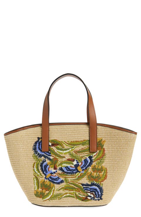 Small Embroidered Raffia Basket Tote