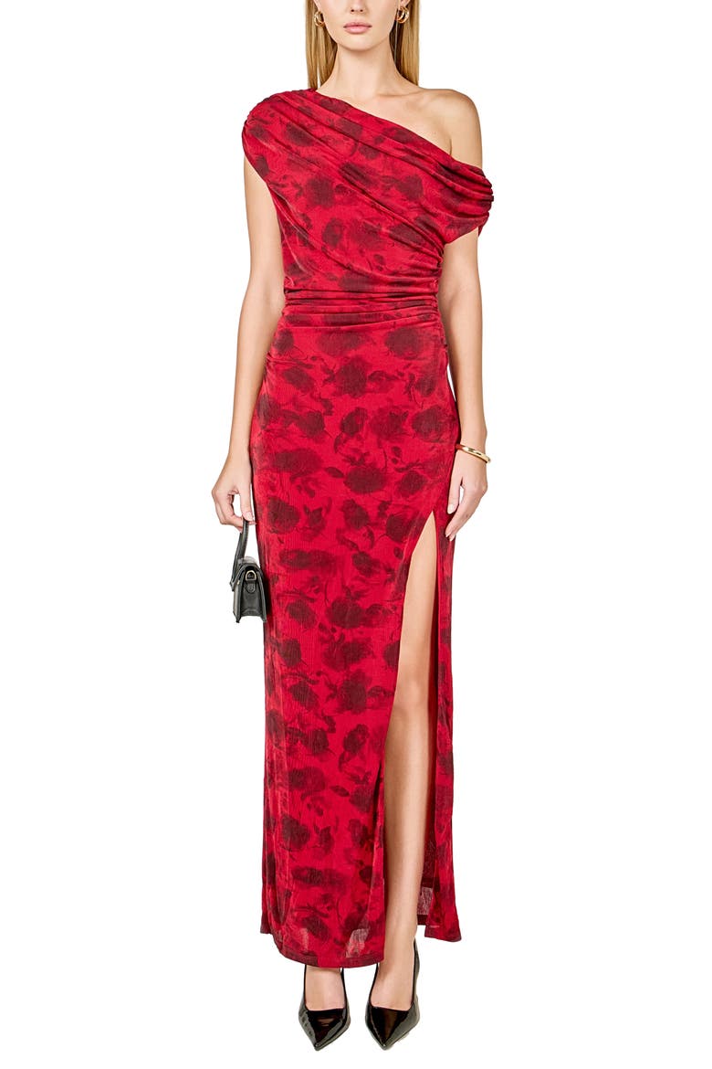 Floral Mesh One-Shoulder Maxi Dress, Alternate, color, RED
