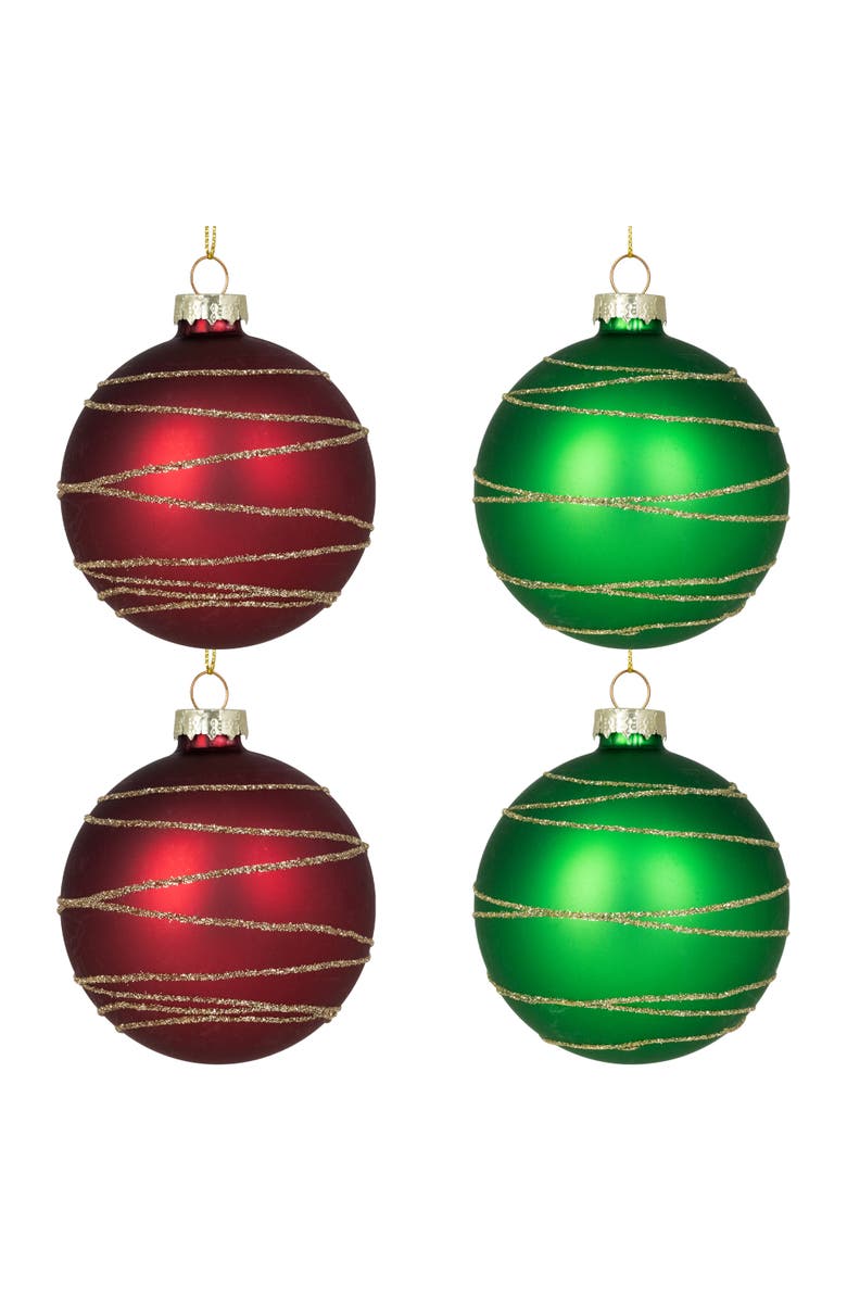 Northlight Glittered Golden Stripes Christmas Glass Ball Ornaments - 3" (75mm) - Red and Green - 4ct, Main, color, Red