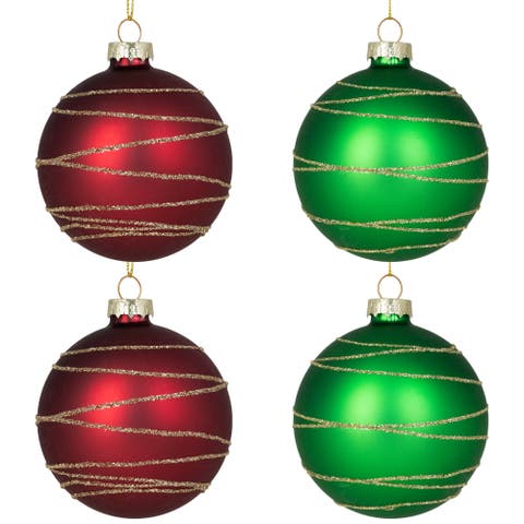 Glittered Golden Stripes Christmas Glass Ball Ornaments - 3" (75mm) - Red and Green - 4ct