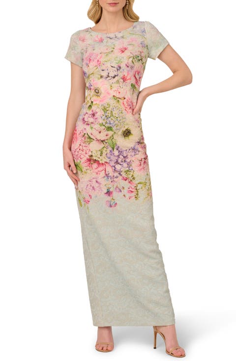 Floral Jacquard Metallic Matelasse Column Gown