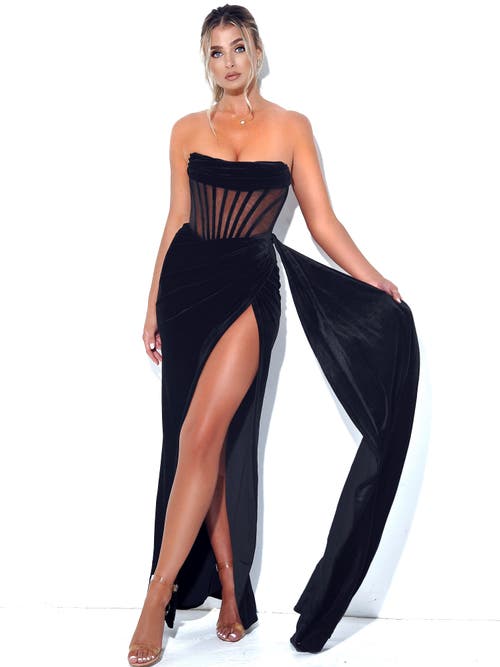 Miss Circle Priya Black Draping Corset High Slit Velvet Gown