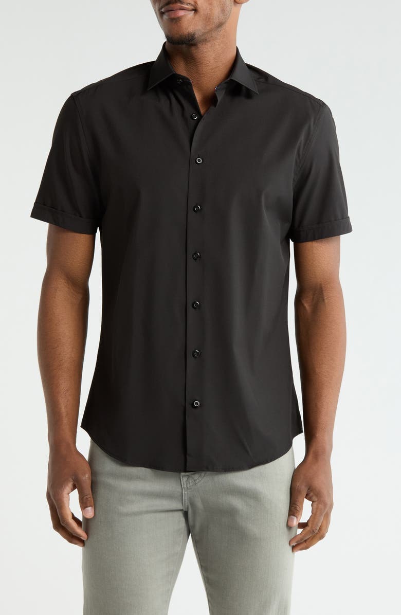 SOUL OF LONDON Microfiber Stretch Short Sleeve Button-Down Shirt, Main, color, Black