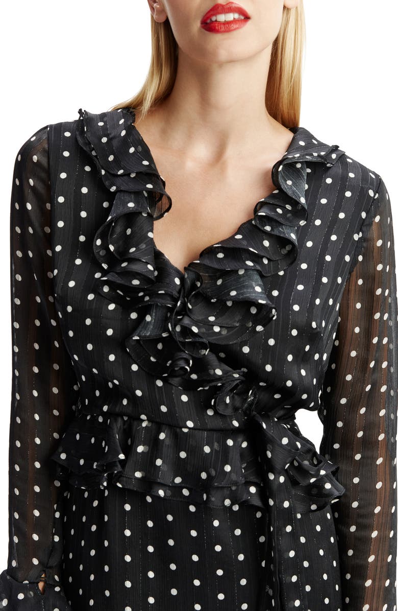 Bardot Polka Dot Frill Ruffle Long Sleeve Minidress, Alternate, color, Black Spot