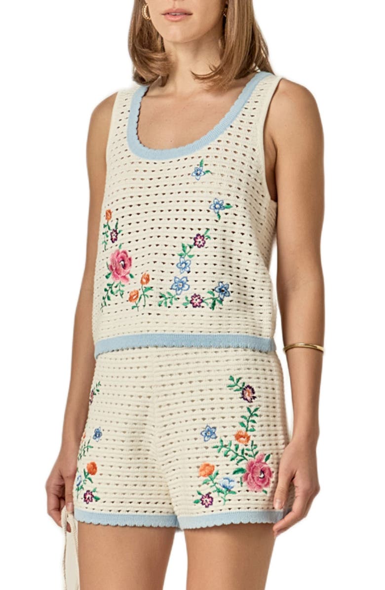 English Factory Floral Embroidered Sheer Crop Open Stitch Top, Alternate, color, Off White