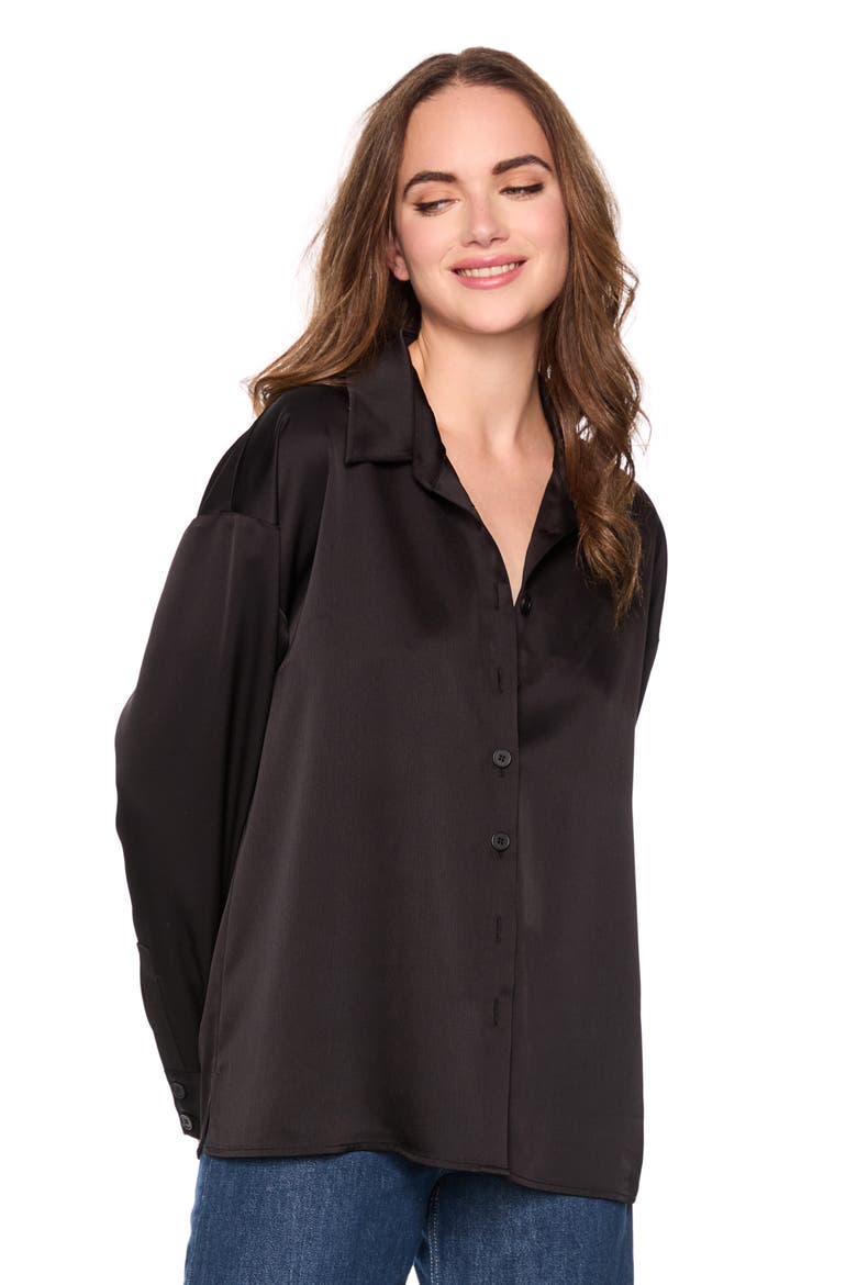 Satin Button Front Shirt, Alternate, color, BLACK