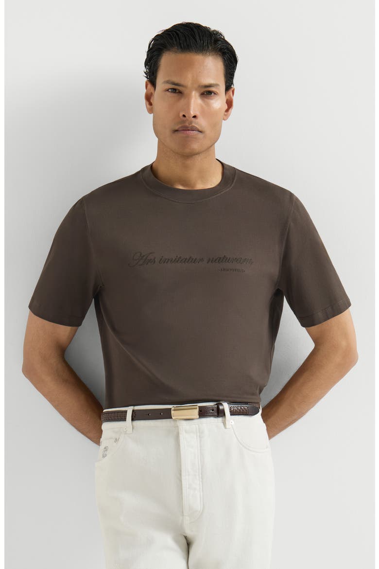 Cotton jersey crew-neck T-shirt with embroidery and print, Alternate, color, Brown