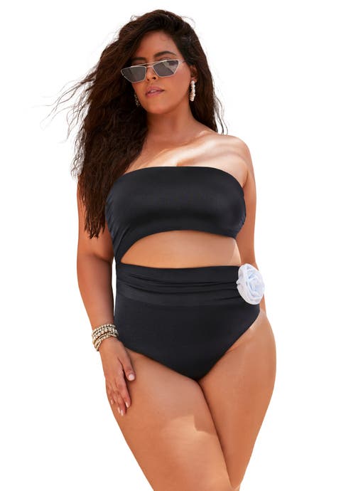 Rosette Shimmer Cut-Out Bandeau One Piece Swimsuit