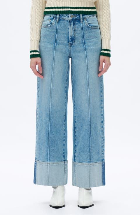 Cuffed Seamed High Waist Wide Leg Jeans