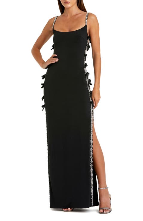 Scoop Neck Jersey Gown with Embellished Straps, Thigh-High Slit & Side Bow Detail