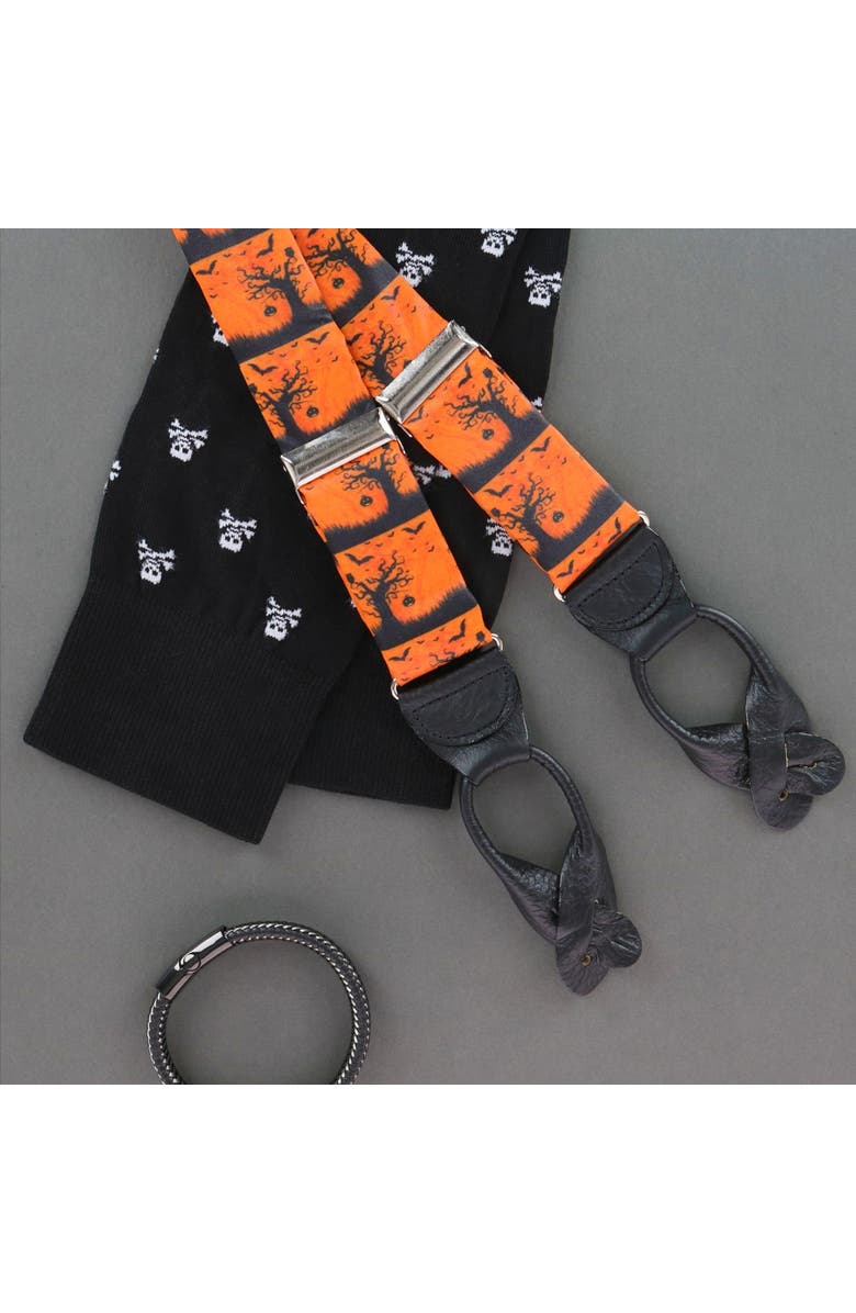 Trafalgar Halloween Spooky Scene Silk Button End Suspenders, Alternate, color, Black And Orange