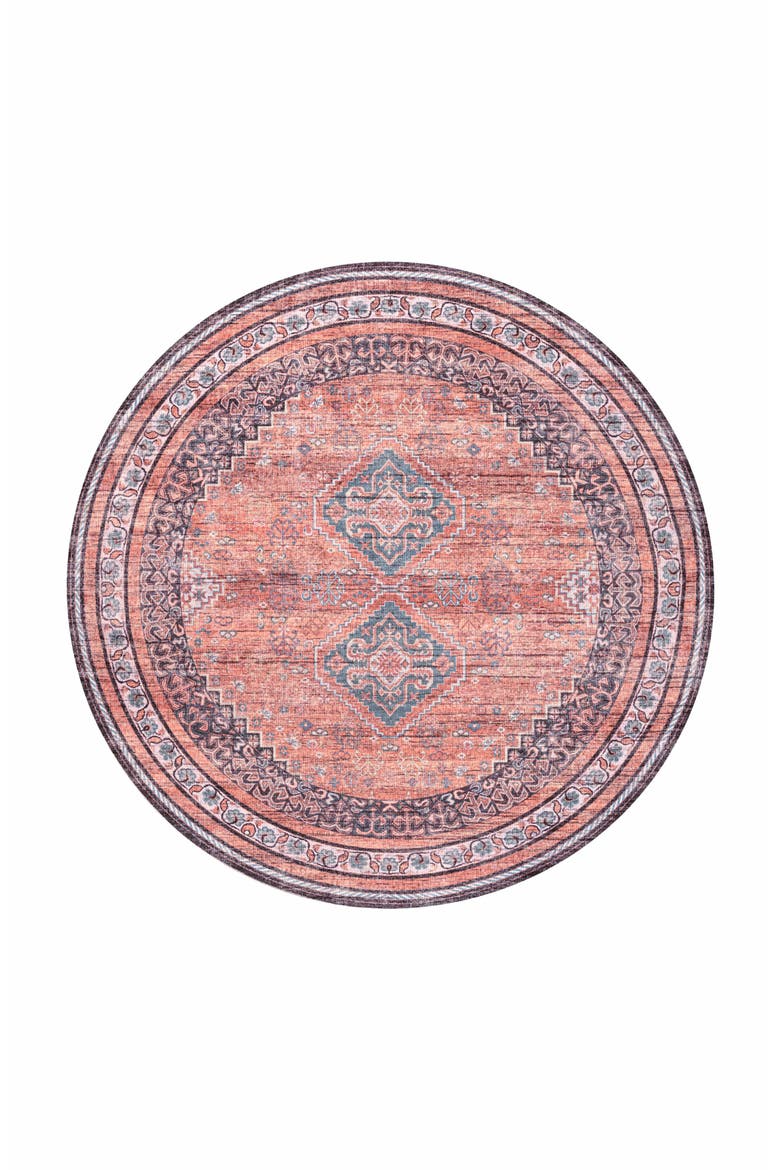 Dalyan Geometric Medallions Machine-Washable Area Rug, Main, color, Terra/Navy-Round