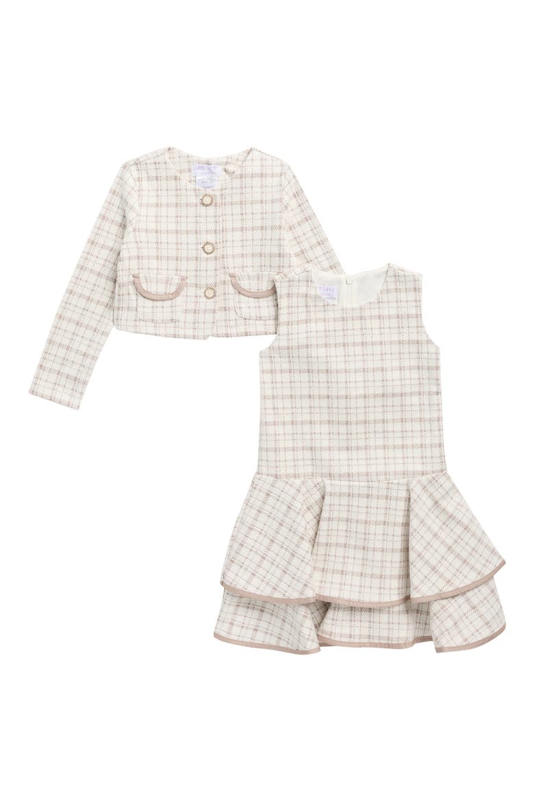 Kids' Plaid Sleeveless Dress & Cardigan Set, Main, color, TAN IVORY PLAID