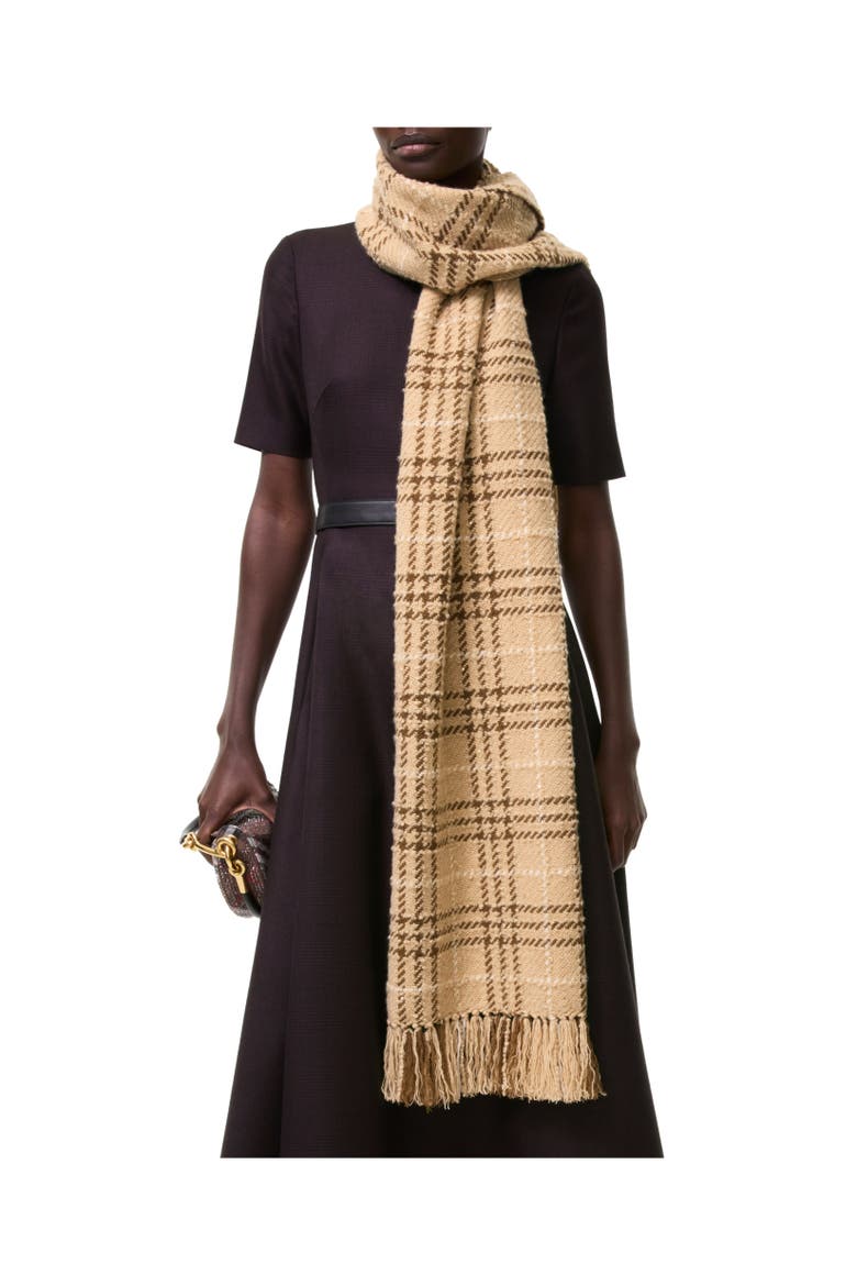 Embellished Check Bouclé Scarf, Alternate, color, Finch beige
