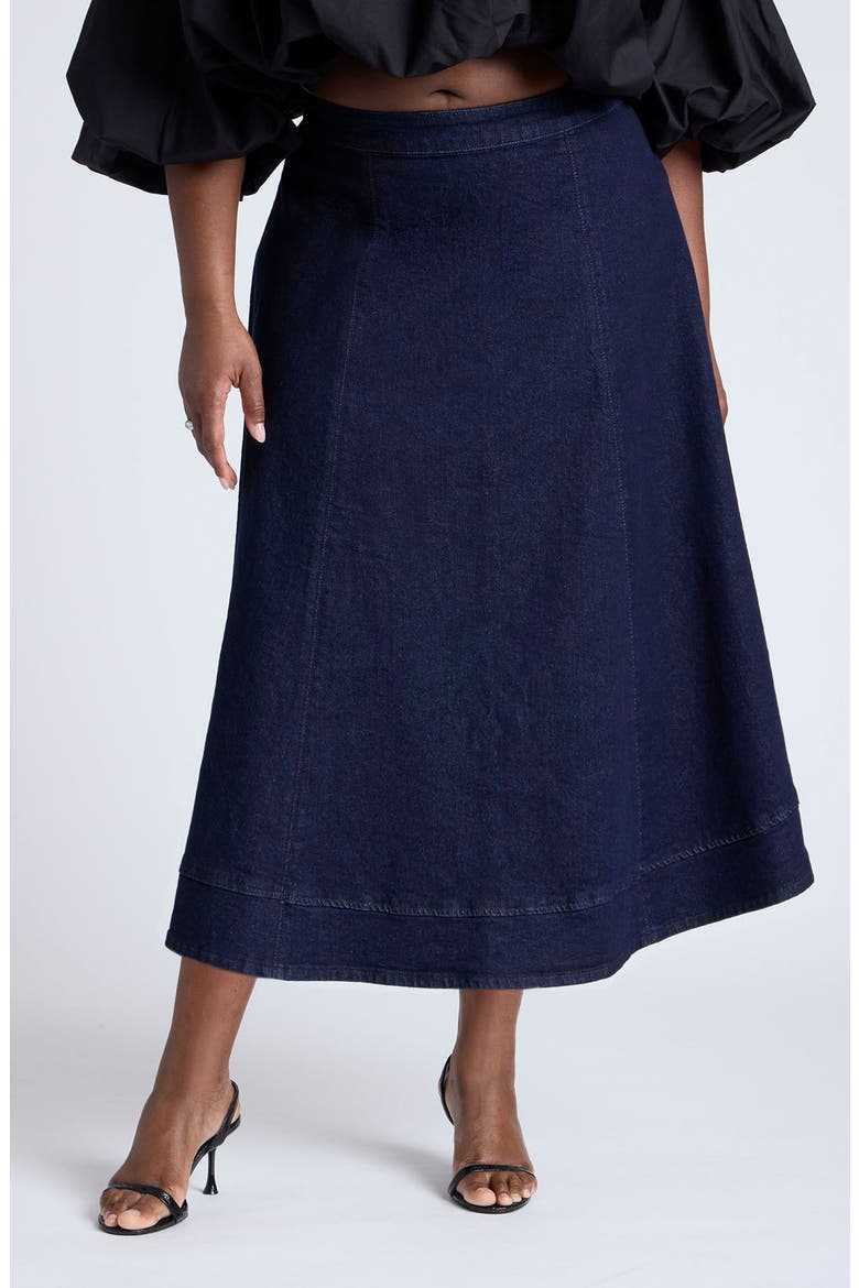 A-Line Denim Midi Skirt, Main, color, DARK WASH