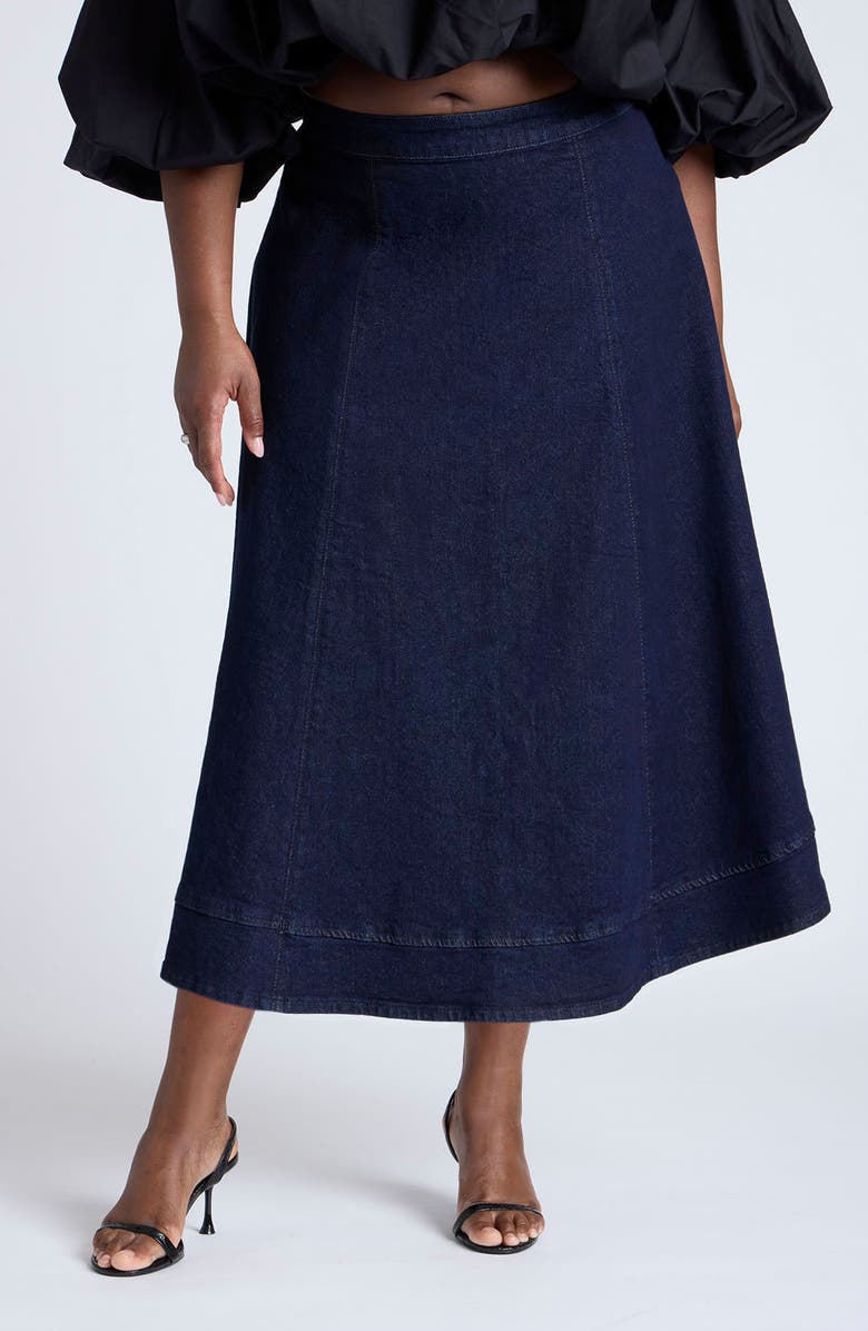 ELOQUII A-Line Denim Midi Skirt, Main, color,