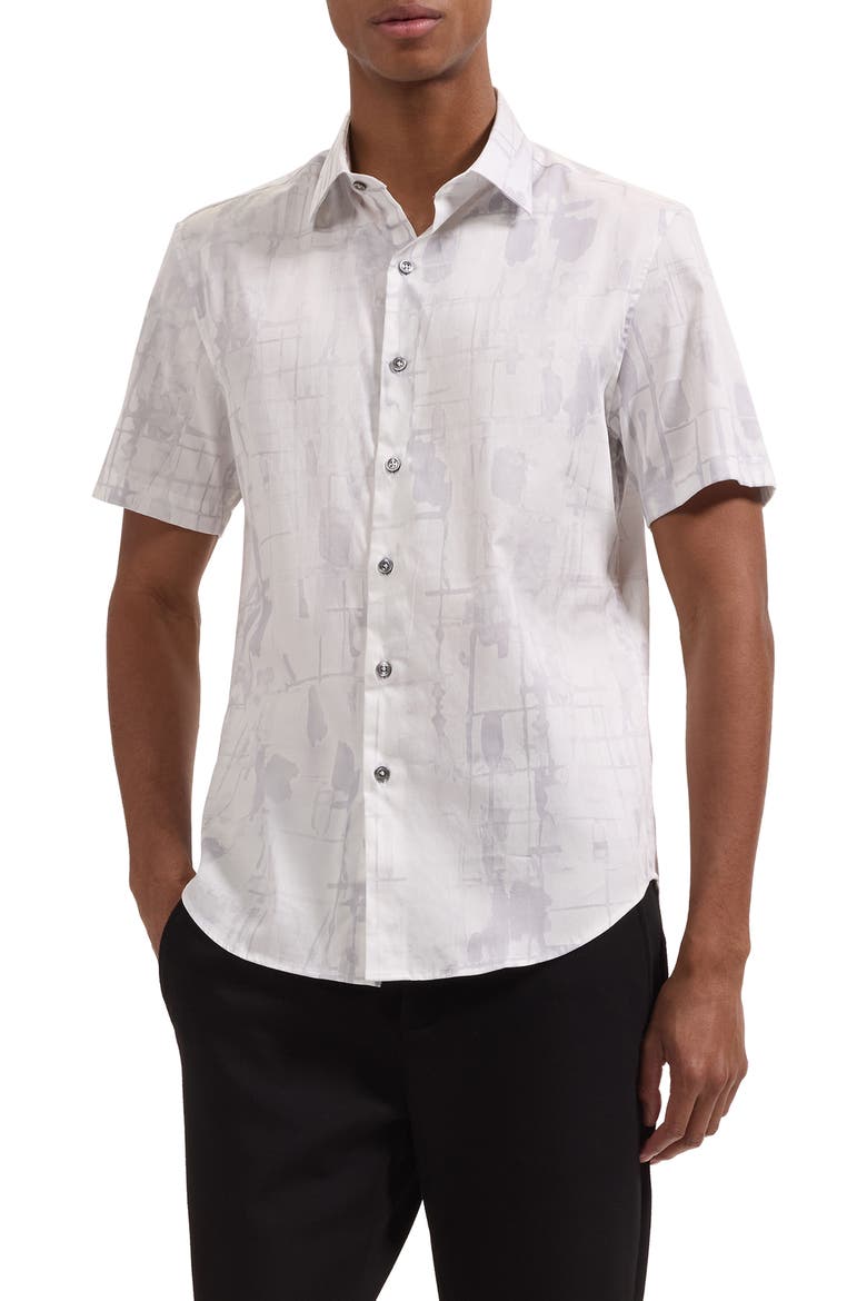 Orson Shaped Fit Short Sleeve Stretch Cotton Button-Up Shirt, Main, color, PLATINUM
