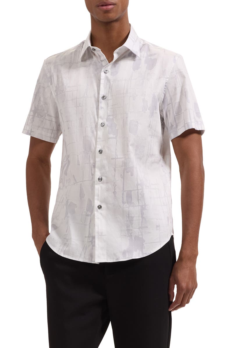Bugatchi Orson Shaped Fit Short Sleeve Stretch Cotton Button-Up Shirt, Main, color, Platinum
