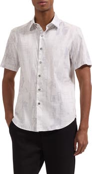 Bugatchi Orson Shaped Fit Short Sleeve Stretch Cotton Button-Up Shirt