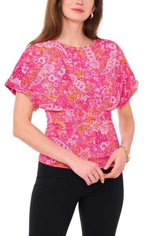 Chaus Floral Print Ruched Knit Top In Pink