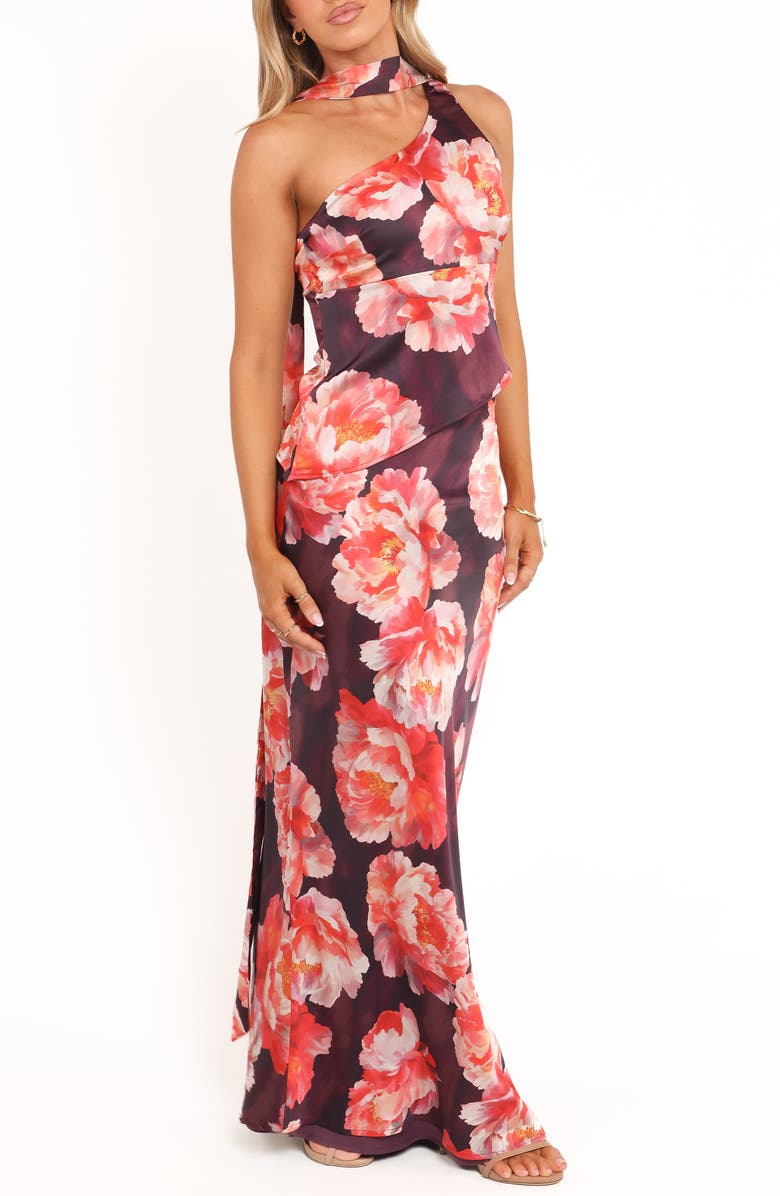Petal & Pup Georgina Floral Satin One-Shoulder Top & Maxi Skirt Set, Alternate, color, Burgundy Peony