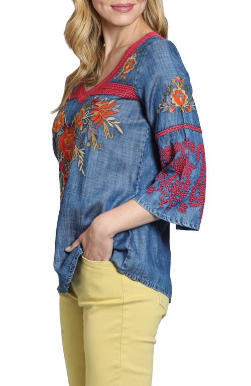 Apny Floral Embroidered Denim Top In Indigo
