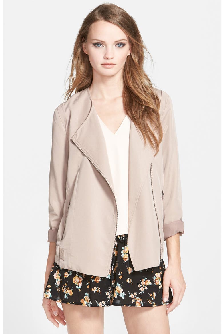 ASTR Collarless Slouchy Roll Sleeve Jacket, Main, color, PUTTY