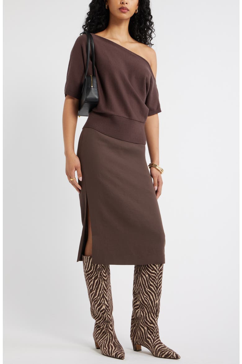 One-Shoulder Short Sleeve Sweater, Alternate, color, BROWN SEAL