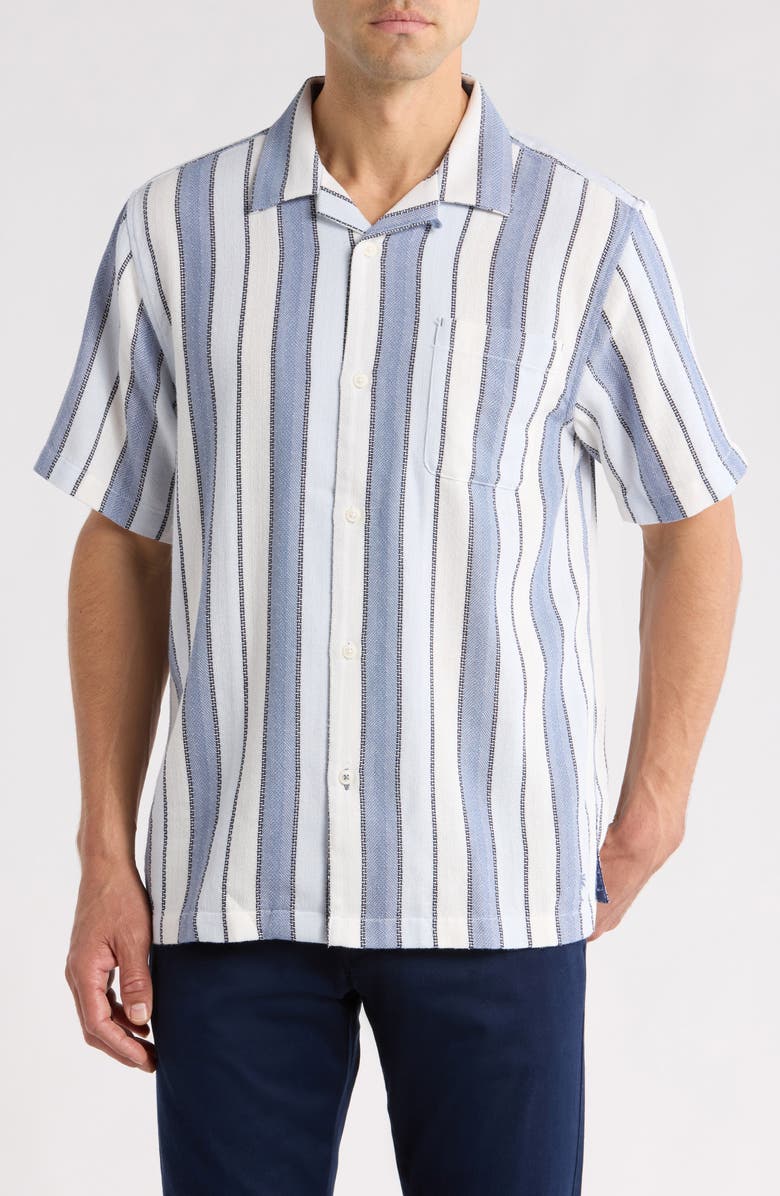 Tommy Bahama Santorini Stripe Cotton Blend Button-Up Shirt, Main, color, Tidal Tempest