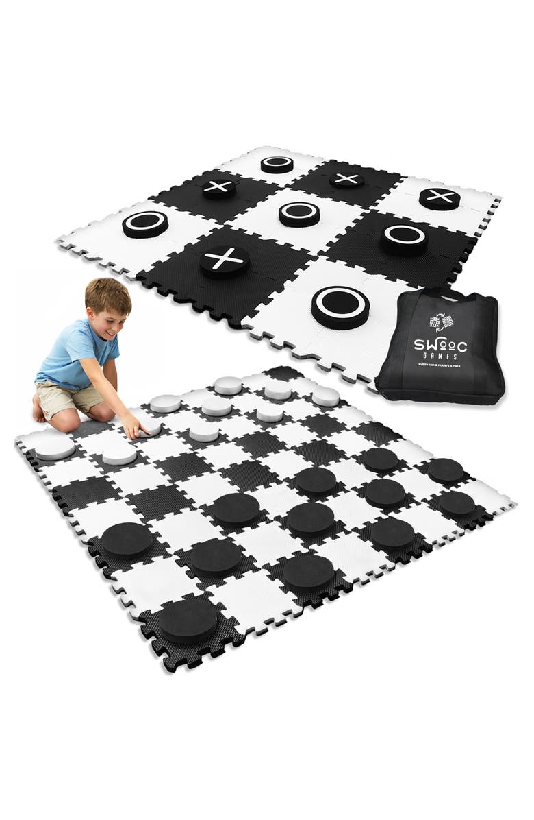 Swooc Games 2-in-1 Premium Giant Checkers & Tic Tac Toe Game, Main, color, Black, White
