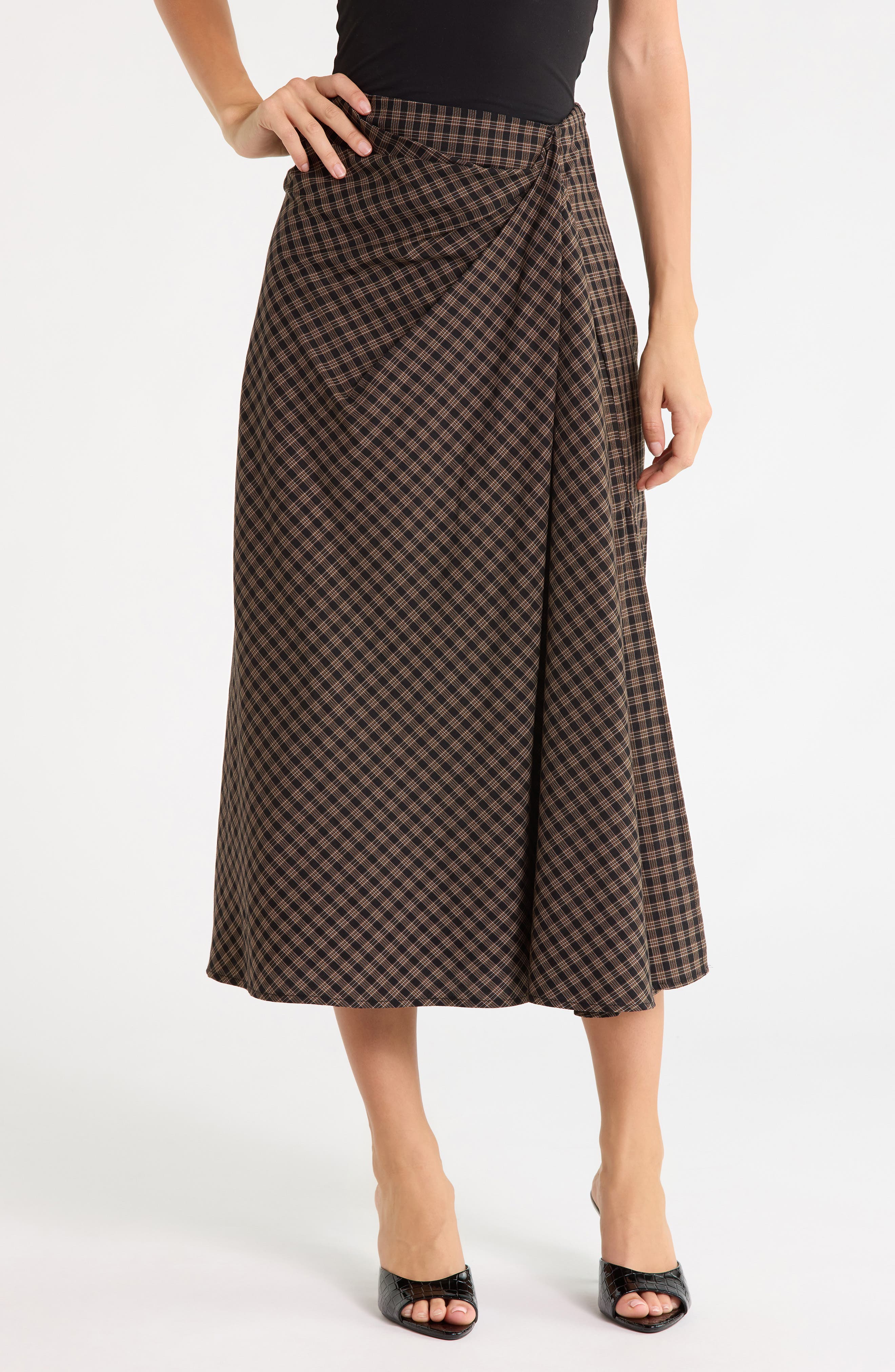 Plaid Draped Cotton Midi Skirt