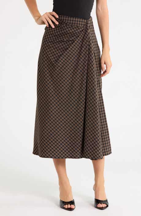 Plaid Draped Cotton Midi Skirt