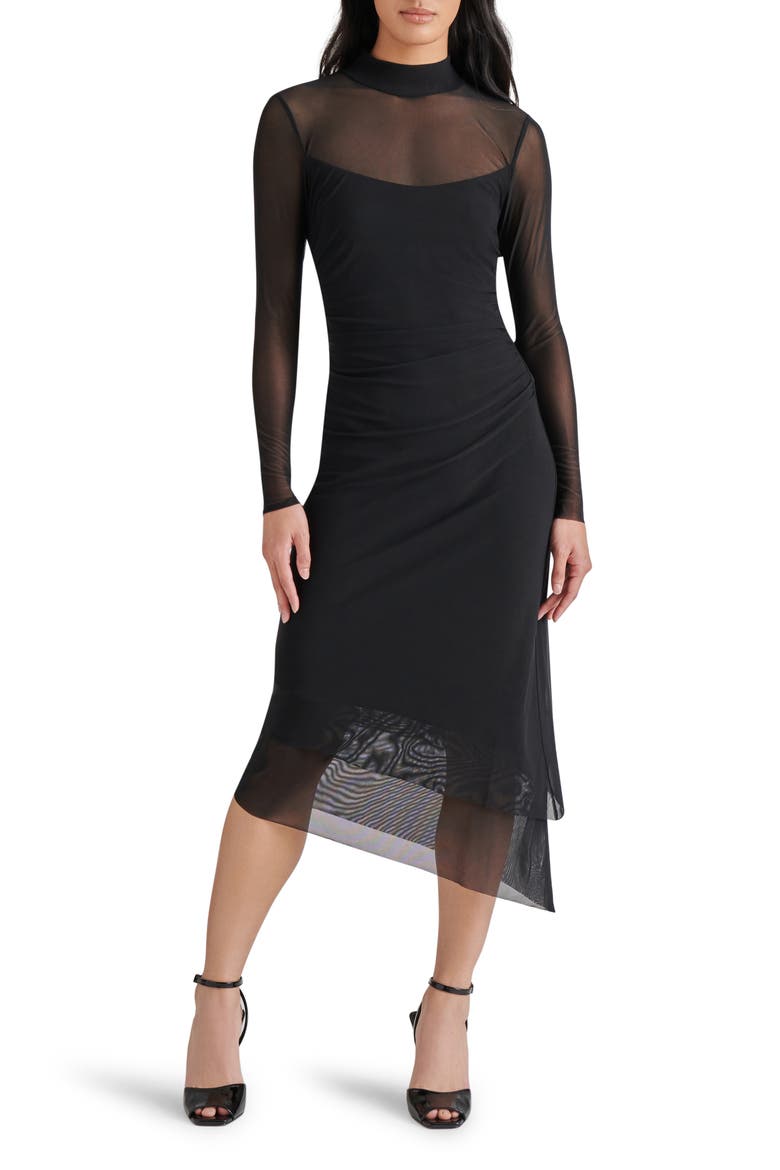 Blare Long Sleeve Mesh Midi Dress, Main, color, BLACK