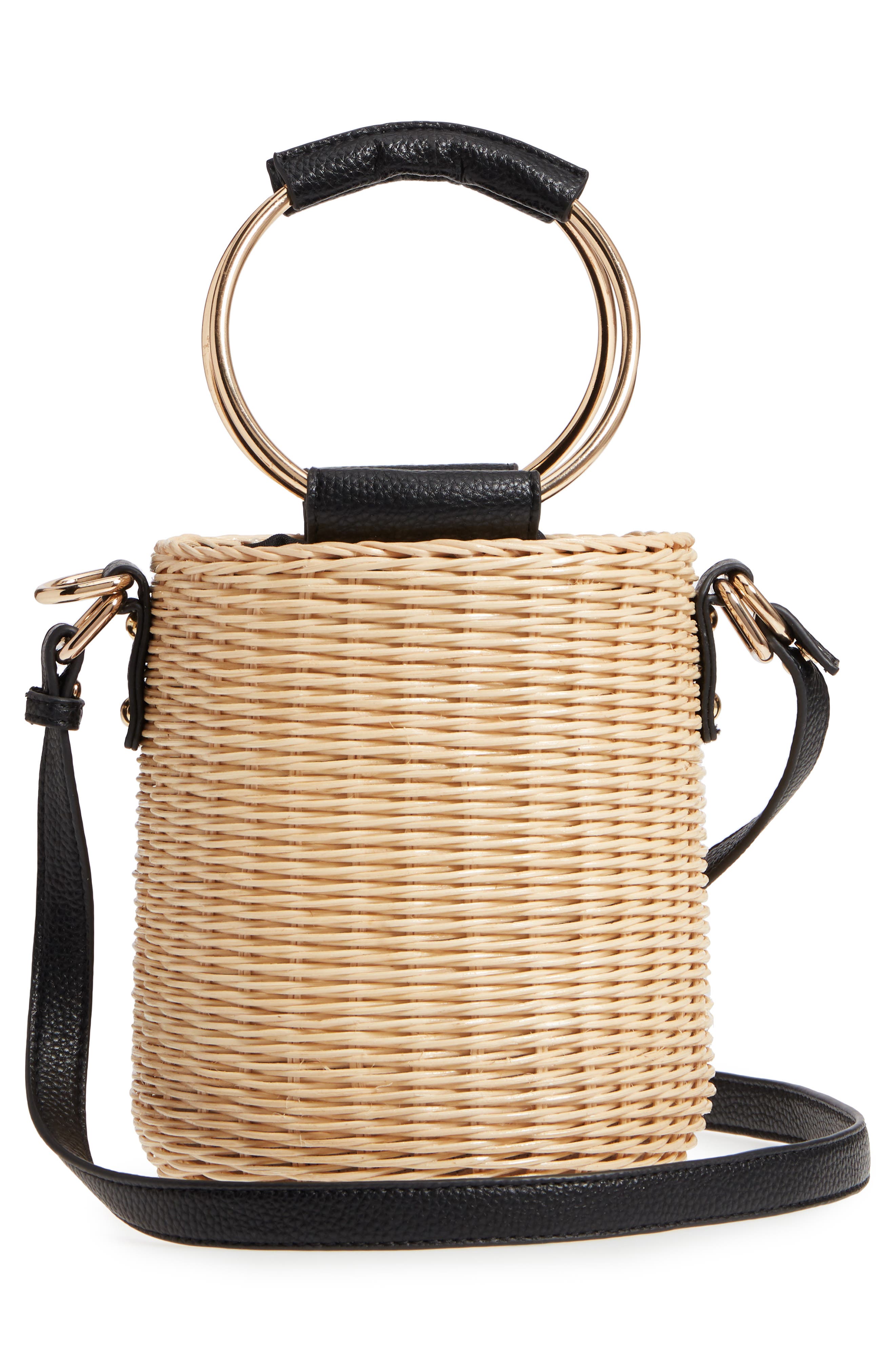 Metal Handle Straw Bucket Bag, Alternate, color, BEIGE/ BLACK