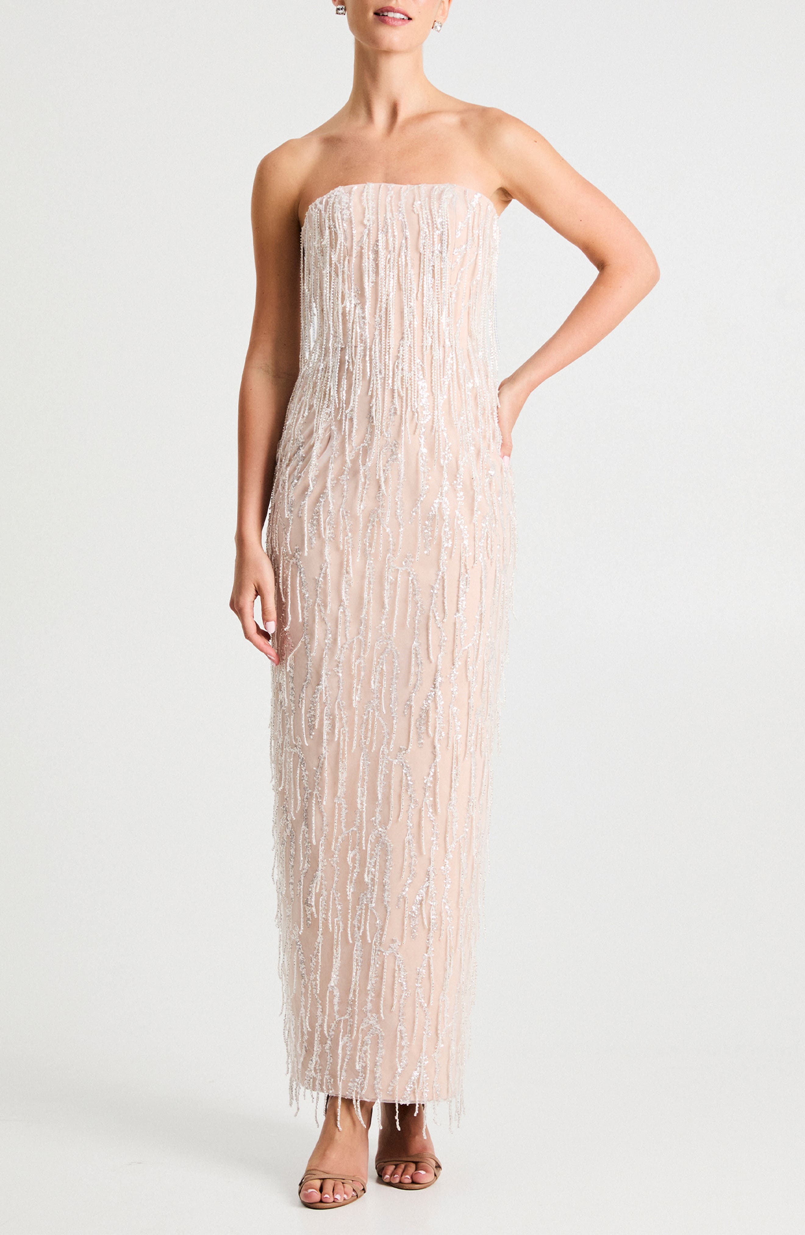 Ramona Fringe Embellished Strapless Column Gown