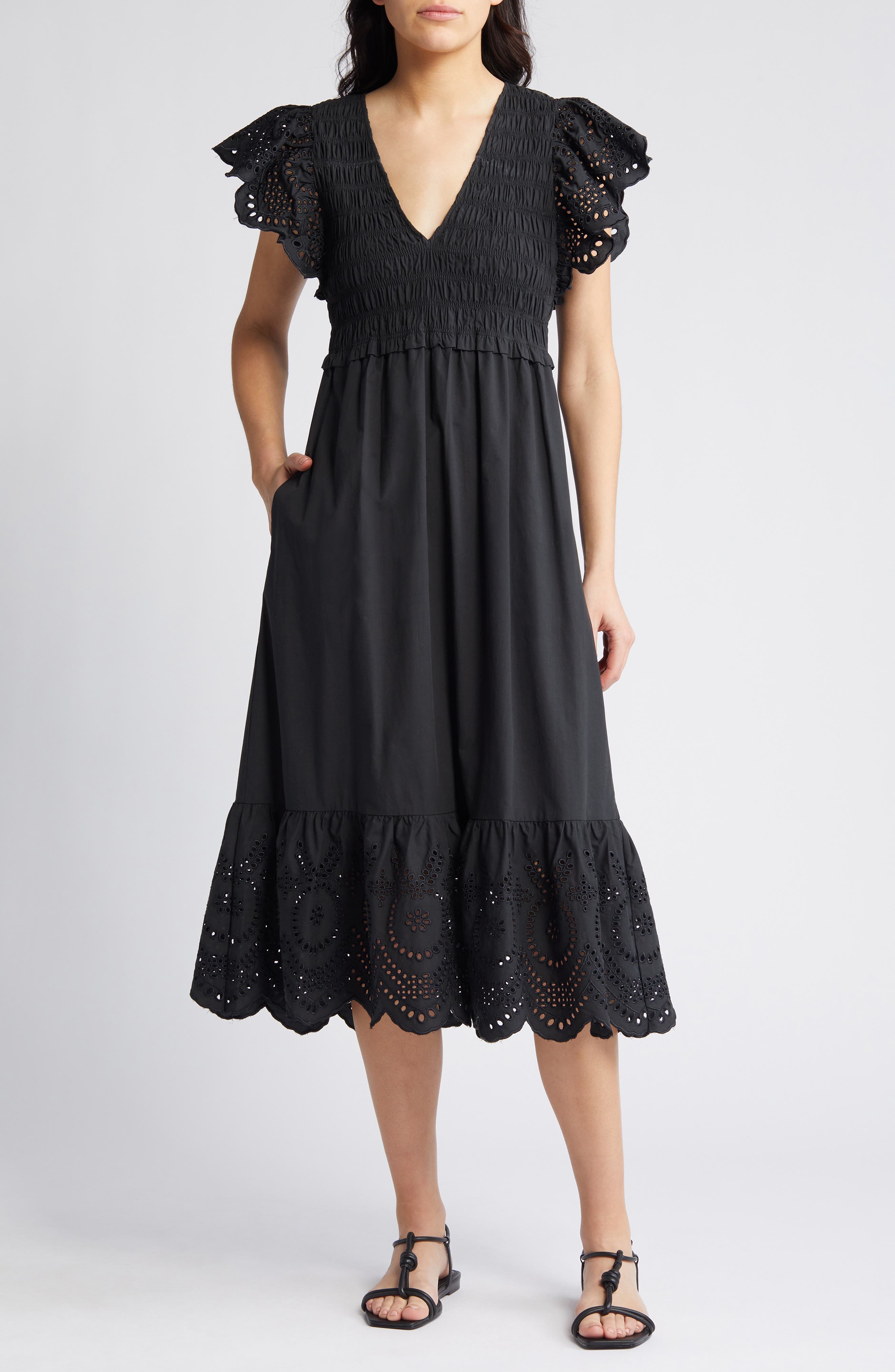 Rails Clementine Eyelet Smocked Cotton Blend Midi Dress