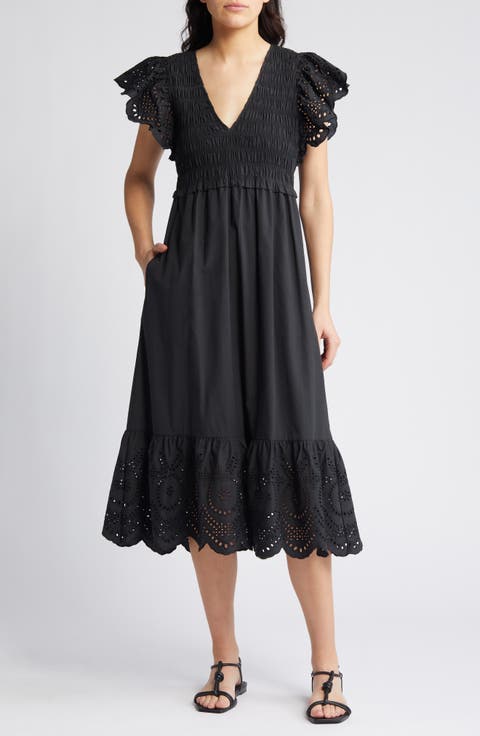 Clementine Eyelet Smocked Cotton Blend Midi Dress