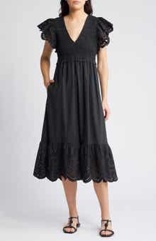 Rails Clementine Eyelet Smocked Cotton Blend Midi Dress