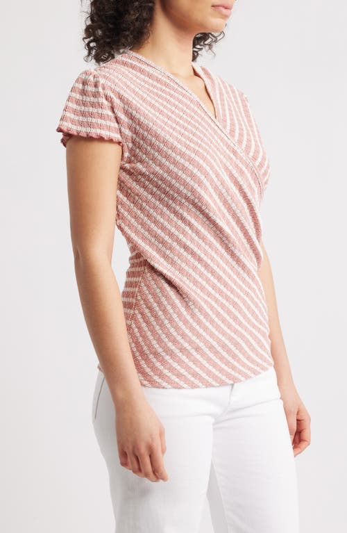 Loveappella Puckered Stripe Wrap Front Top In Blush