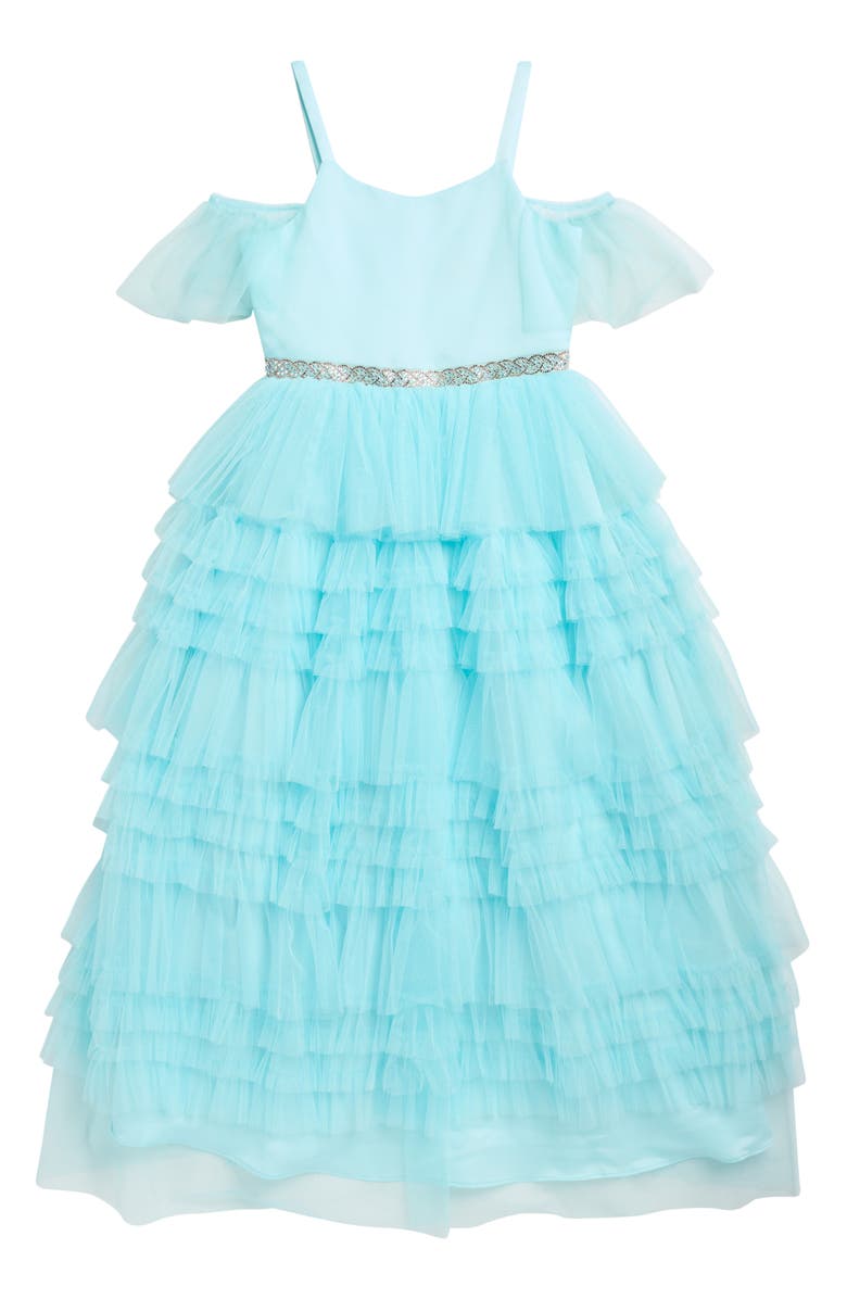 Rare Editions Kids' Mesh Cold Shoulder Party Dress, Main, color, Aqua